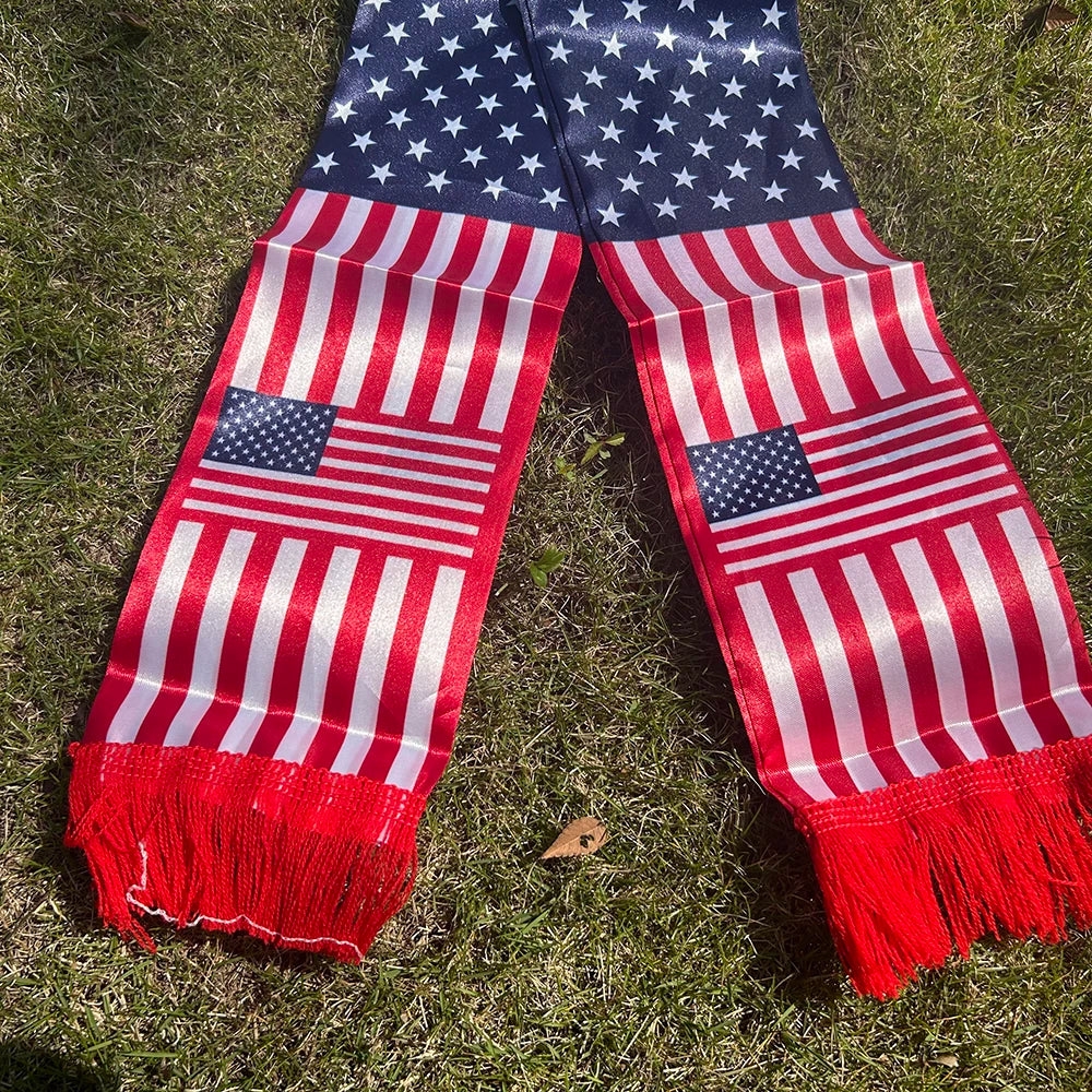 2026 American Scarf 14x135cm Double-sided Printed Satin usa Flag Scarf Tassels Suitable for Football, Sports, Events