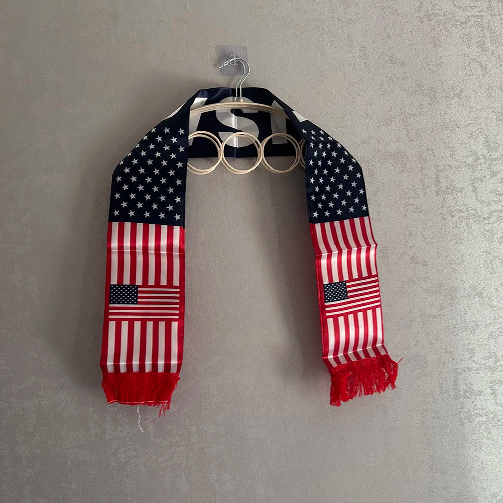 2026 American Scarf 14x135cm Double-sided Printed Satin usa Flag Scarf Tassels Suitable for Football, Sports, Events