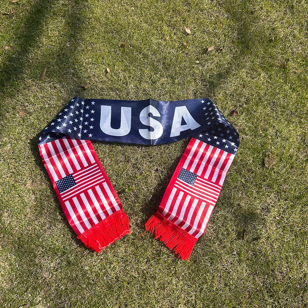 2026 American Scarf 14x135cm Double-sided Printed Satin usa Flag Scarf Tassels Suitable for Football, Sports, Events
