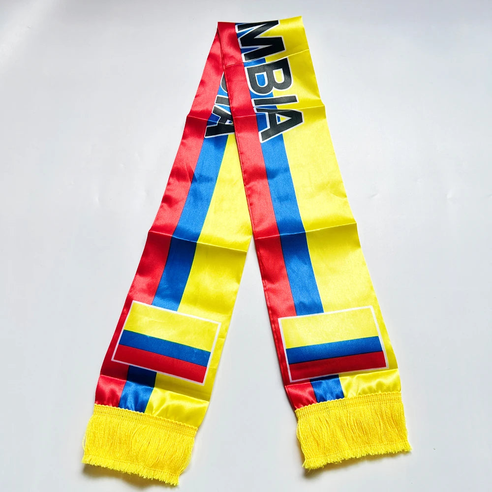 2026 Colombia Scarf 14x135cm Double-sided Printed Satin Columbia Flag Scarf Tassels for Football, Sports, Events