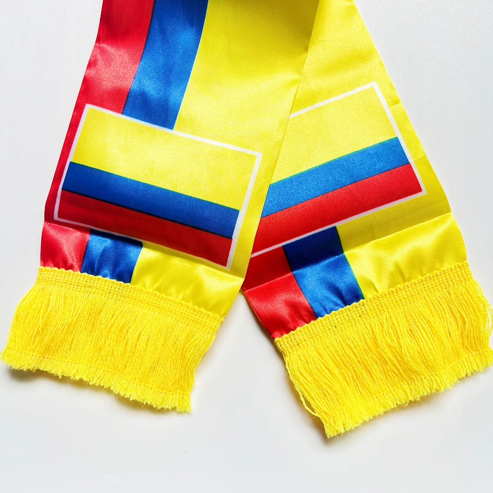 2026 Colombia Scarf 14x135cm Double-sided Printed Satin Columbia Flag Scarf Tassels for Football, Sports, Events
