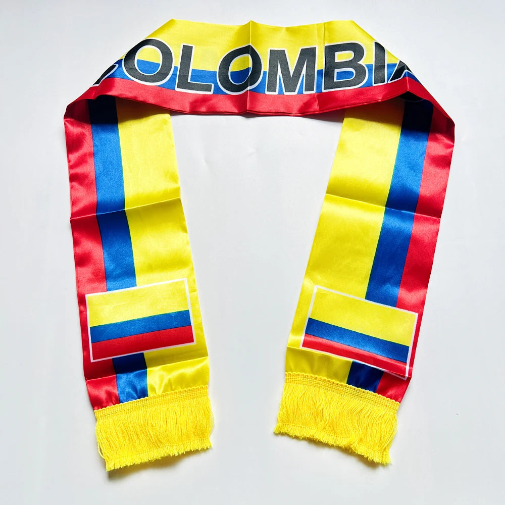 2026 Colombia Scarf 14x135cm Double-sided Printed Satin Columbia Flag Scarf Tassels for Football, Sports, Events