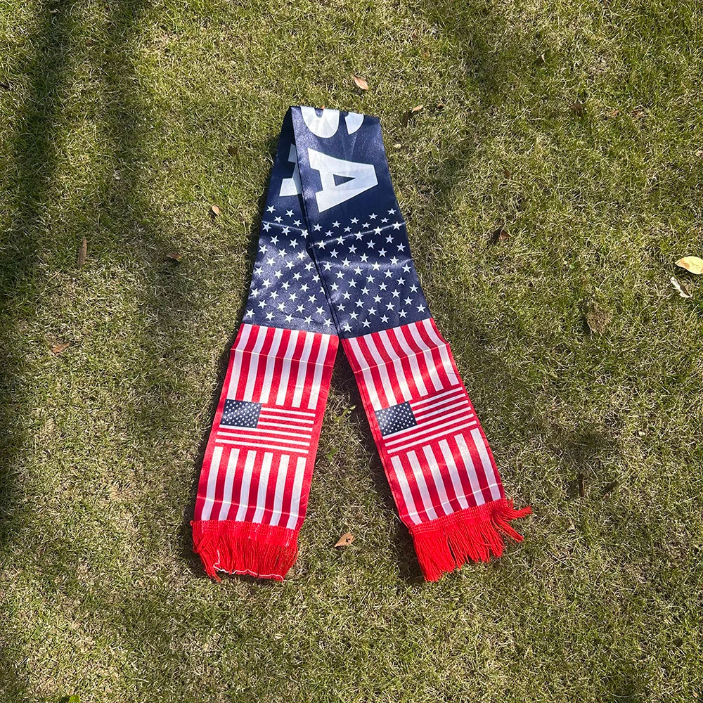 2026 American Scarf 14x135cm Double-sided Printed Satin usa Flag Scarf Tassels Suitable for Football, Sports, Events
