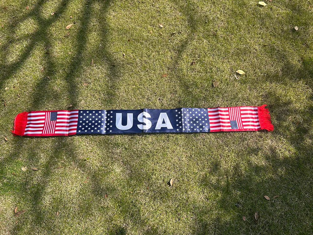 2026 American Scarf 14x135cm Double-sided Printed Satin usa Flag Scarf Tassels Suitable for Football, Sports, Events